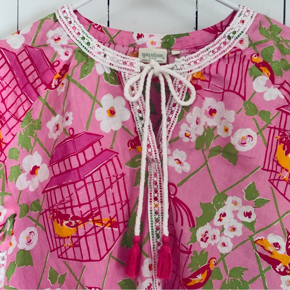 Boho Flowy Blouse Women 's Top Pink Bird Print Embroidered Hem Tassel Tie V-Neck - Picture 6 of 10